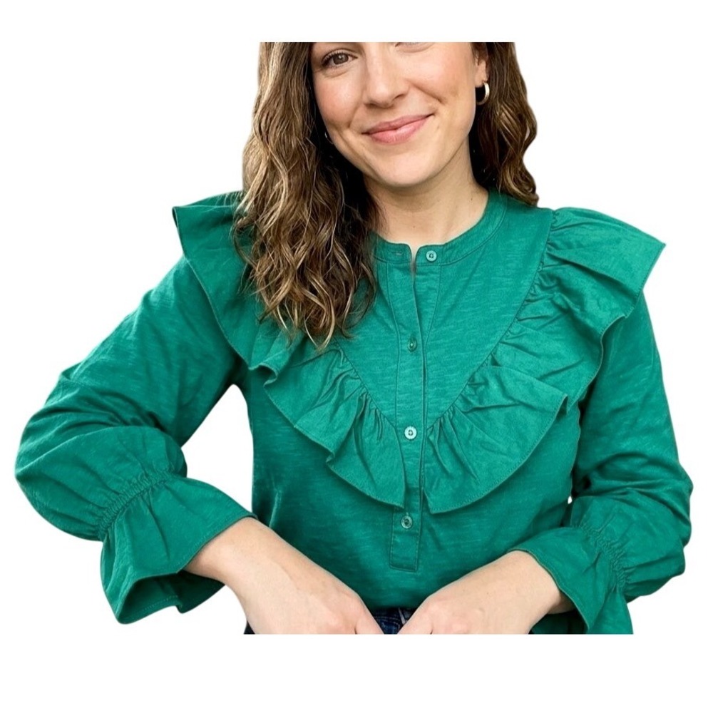 S'EDGE SEDGE Green SLUB KNIT/TWILL 1/2 Button RUFFLE TRIM Blouse/Top Sz M